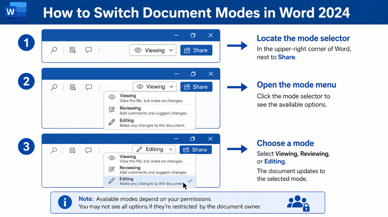 How to switch document modes in Word 2024