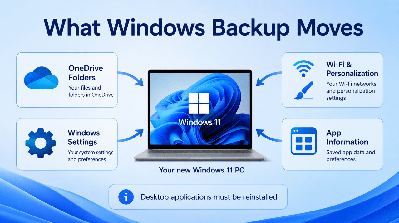 What Windows Backup moves to a new Windows 11 PC