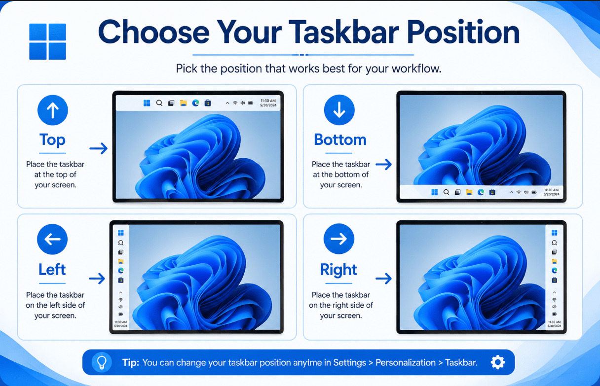 Windows 11 taskbar positions at the top bottom left and right