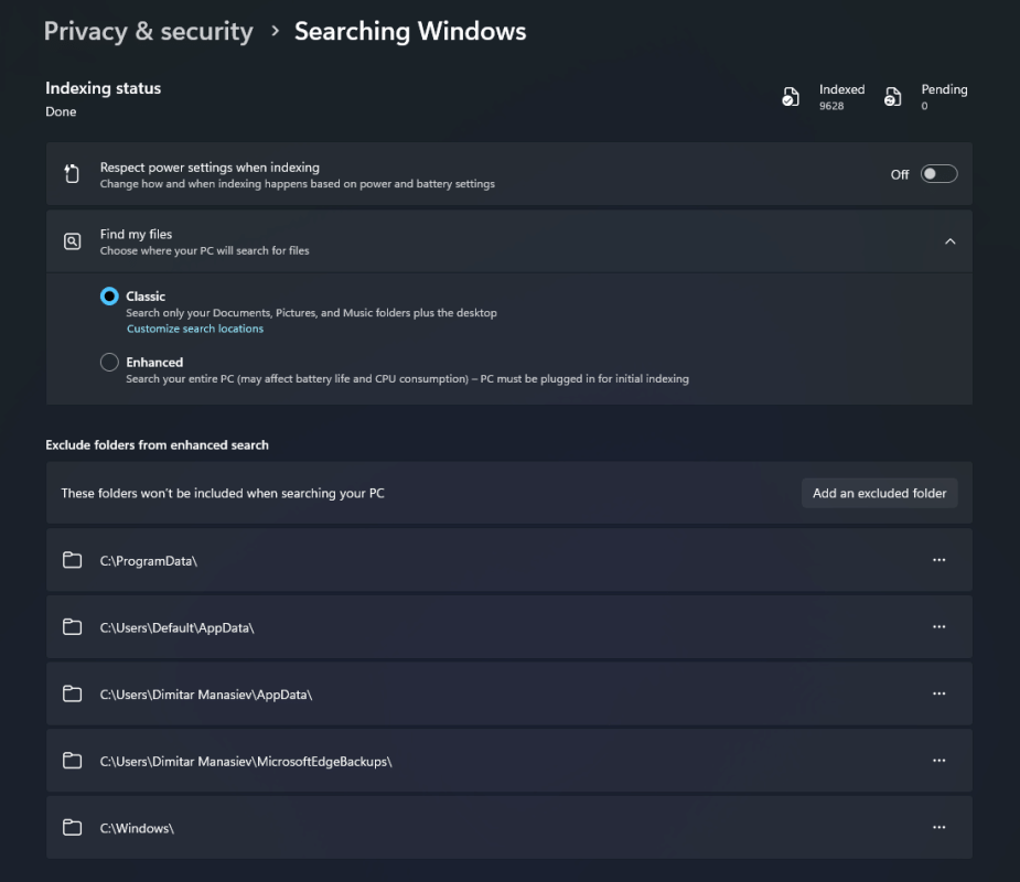 Windows Search Indexing Settings