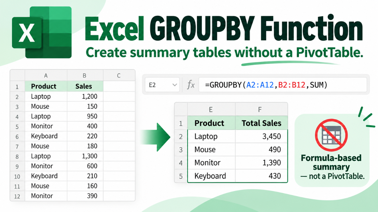 Excel GROUPBY create summary tables without a PivotTable