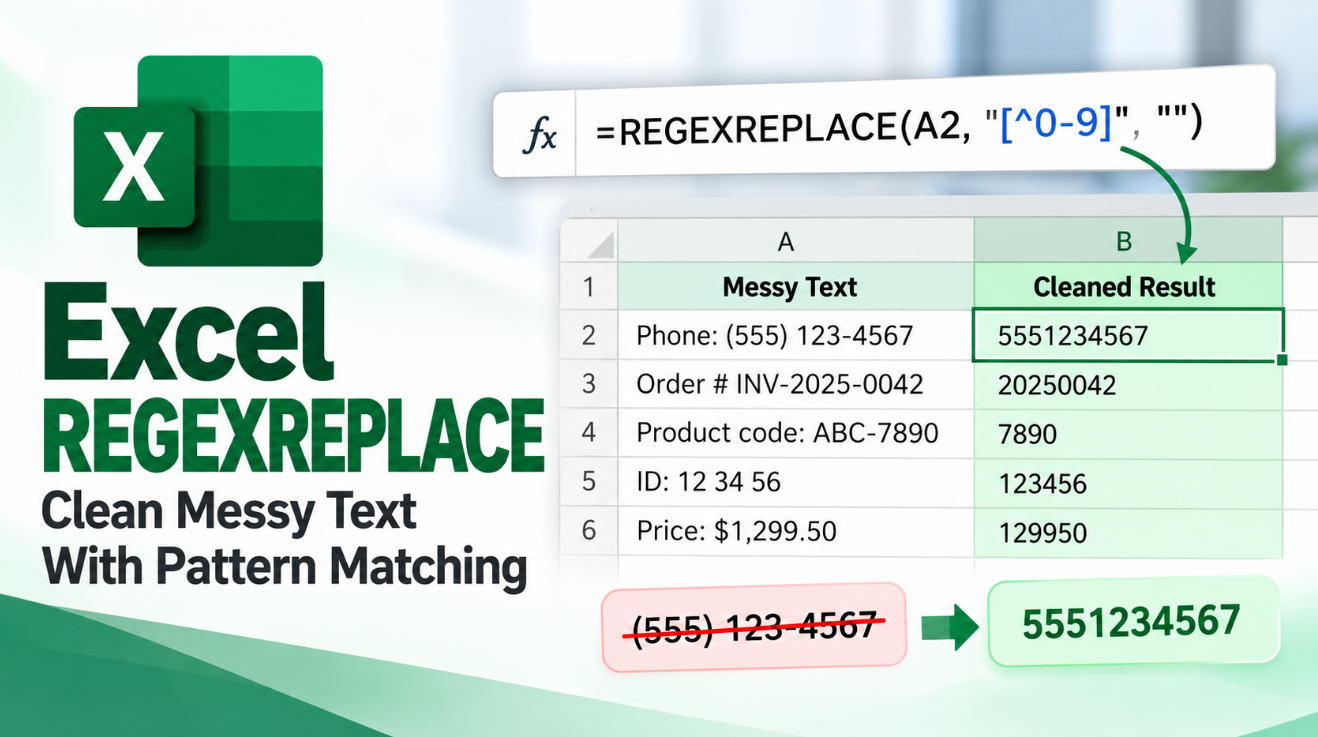 Excel REGEXREPLACE clean messy text with pattern matching