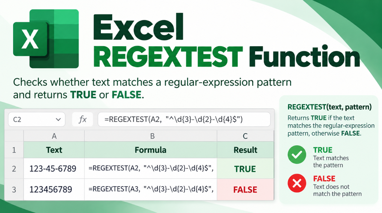 Excel REGEXTEST check whether text matches a pattern