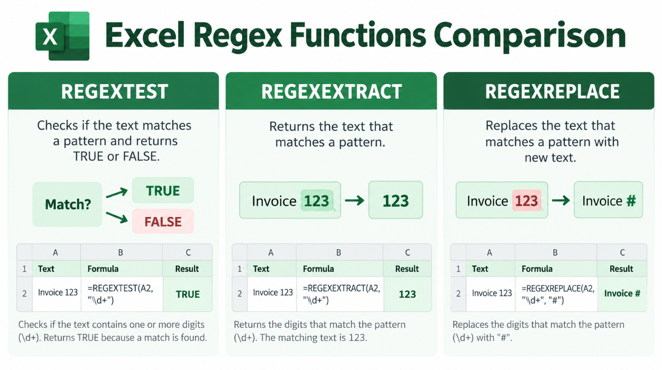 Excel REGEXTEST REGEXEXTRACT REGEXREPLACE comparison