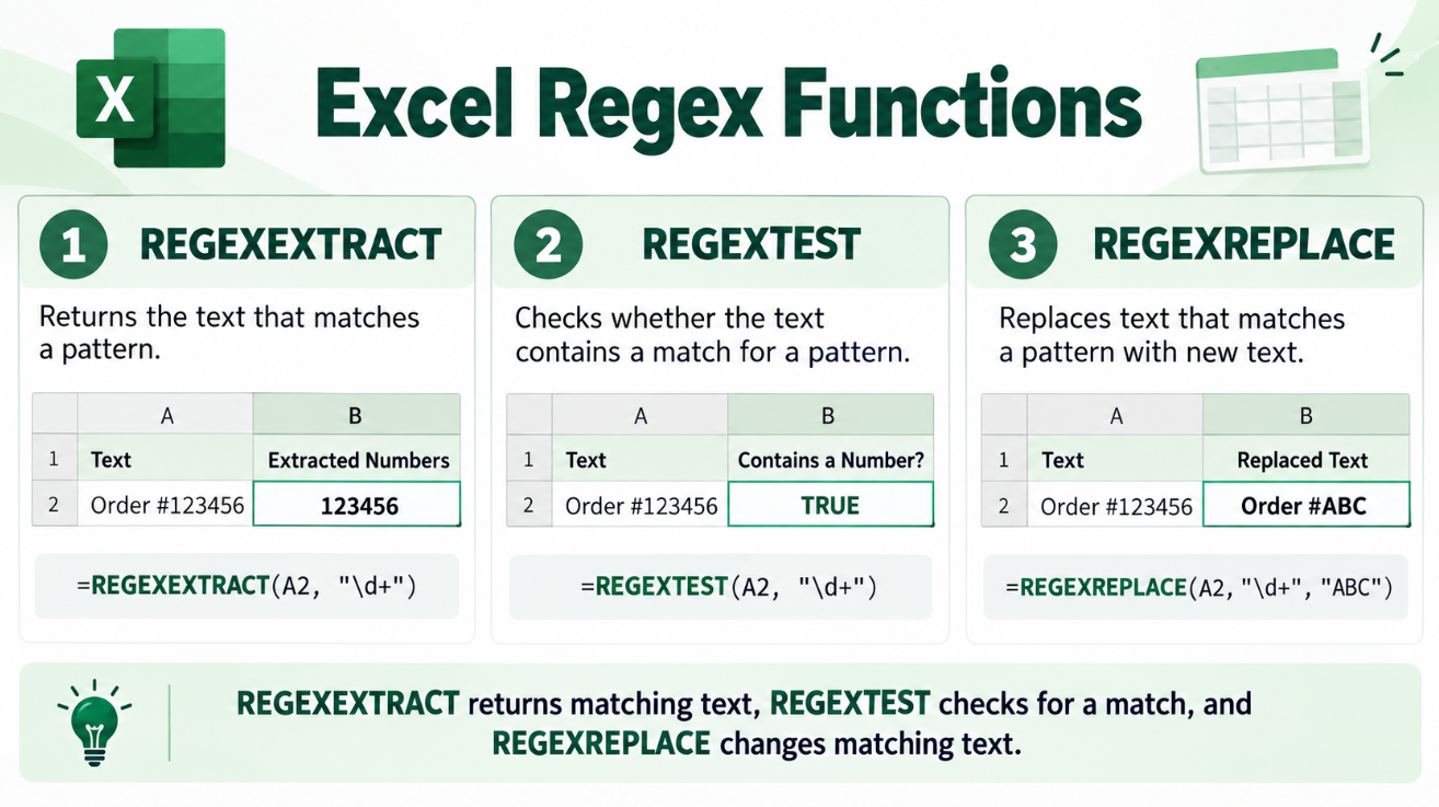 Excel REGEXEXTRACT REGEXTEST and REGEXREPLACE comparison