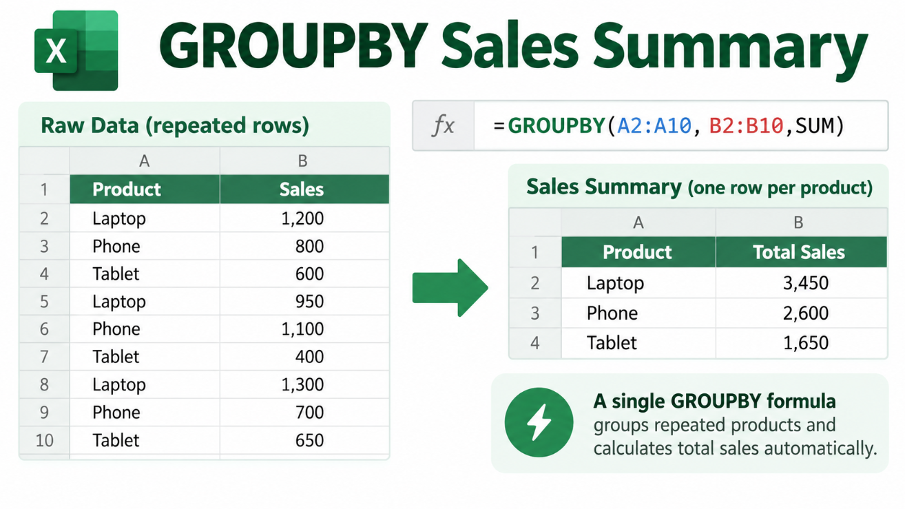 Excel GROUPBY sales summary example