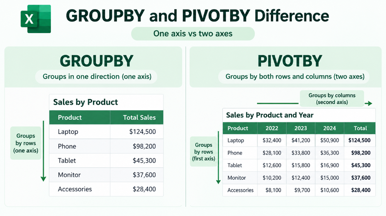 Excel GROUPBY one axis vs PIVOTBY two axes
