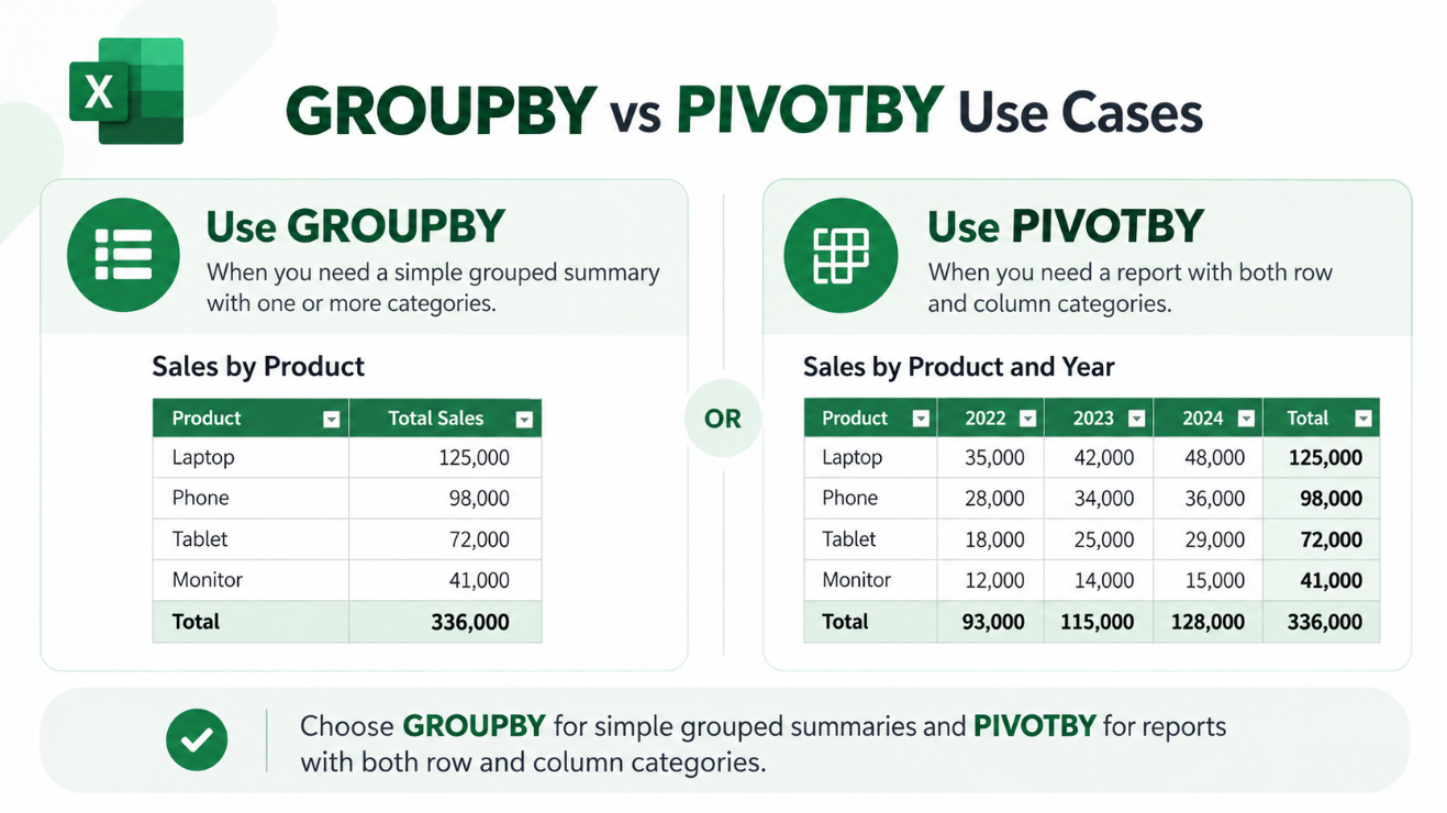 When to use GROUPBY or PIVOTBY in Excel