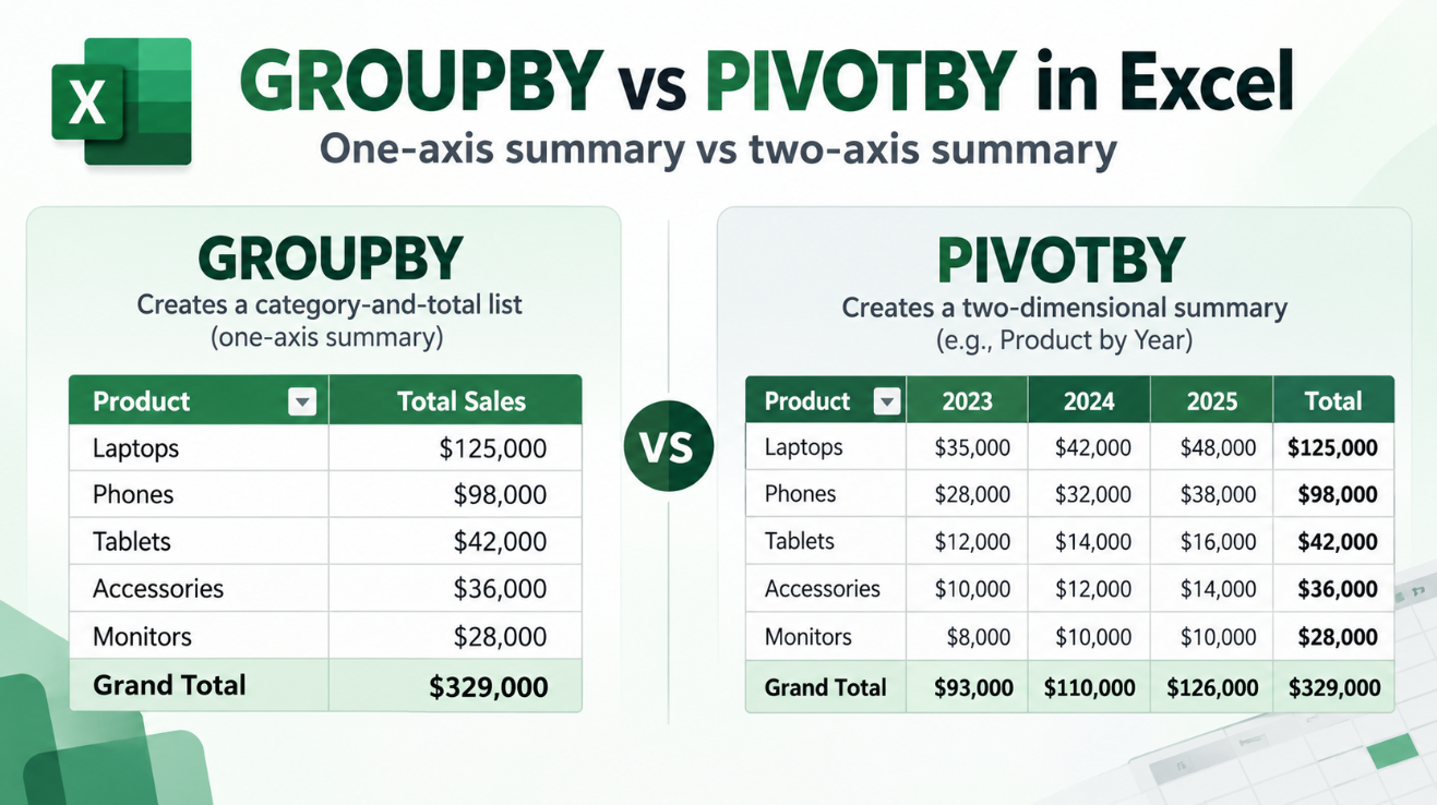 GROUPBY vs PIVOTBY in Excel comparison