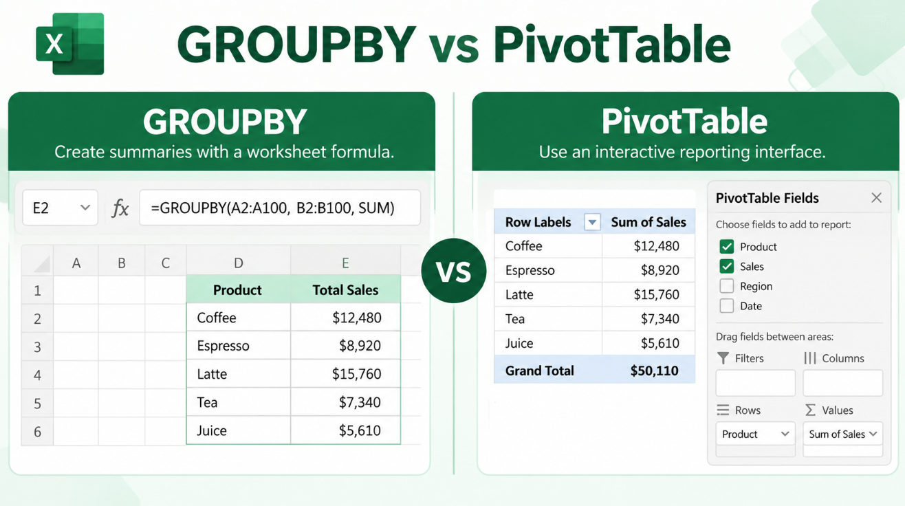 Excel GROUPBY vs PivotTable summary