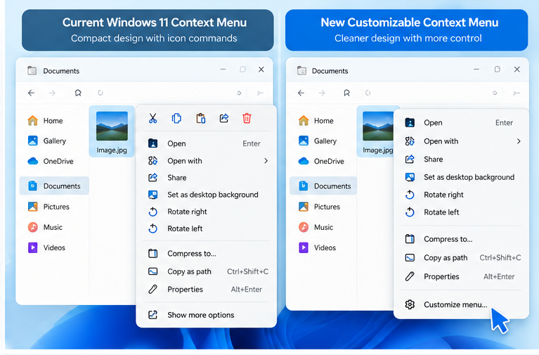 Windows 11 old vs new customizable context menu