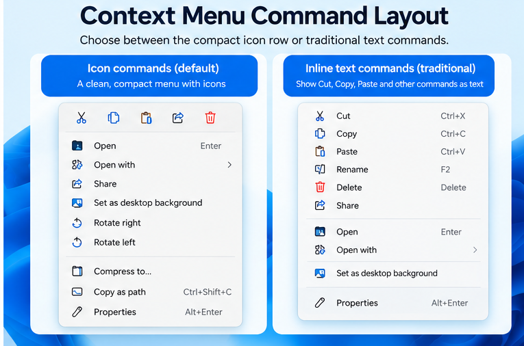 Windows 11 context menu icons vs text commands