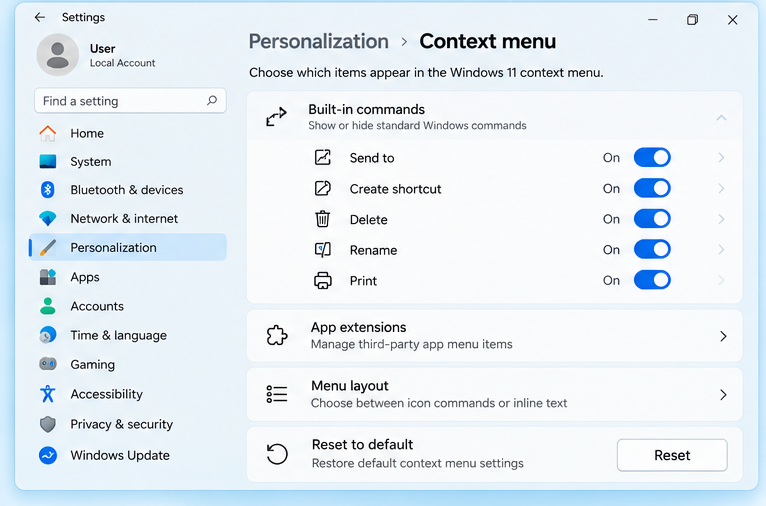 Windows 11 Context Menu settings under Personalization