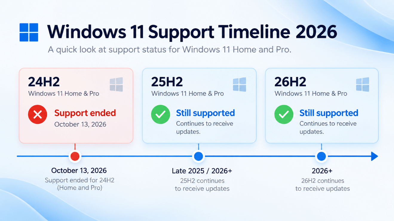 Windows 11 24H2 25H2 and 26H2 support timeline