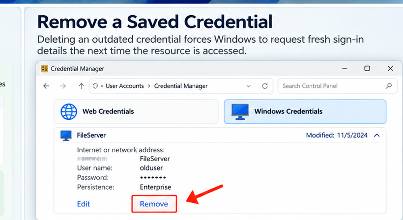 remove saved credentials from Windows Credential Manager
